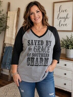 Kavio! Saved by the Grace of Southern Charm Graphic 3/4 Sleeve Jersey Tee ShiRT
